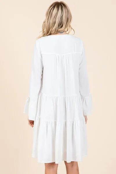 Tiered Notched Flare Sleeve Dress