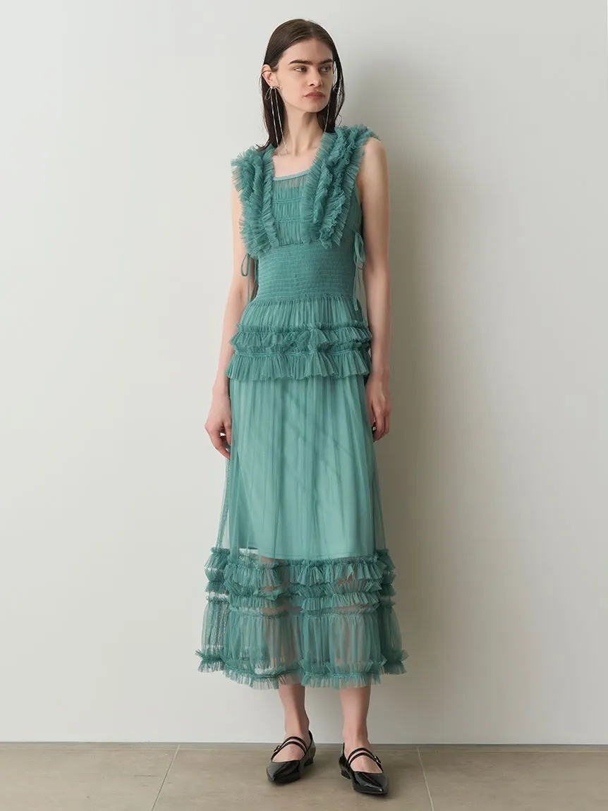 Tiered Smocked Ruffle Sheer Midi Dress