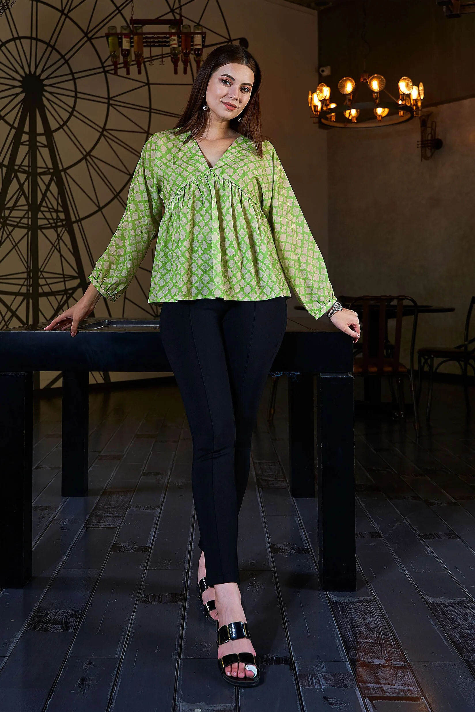 Traditional Lurex V Neck Peasant Sleeve Top