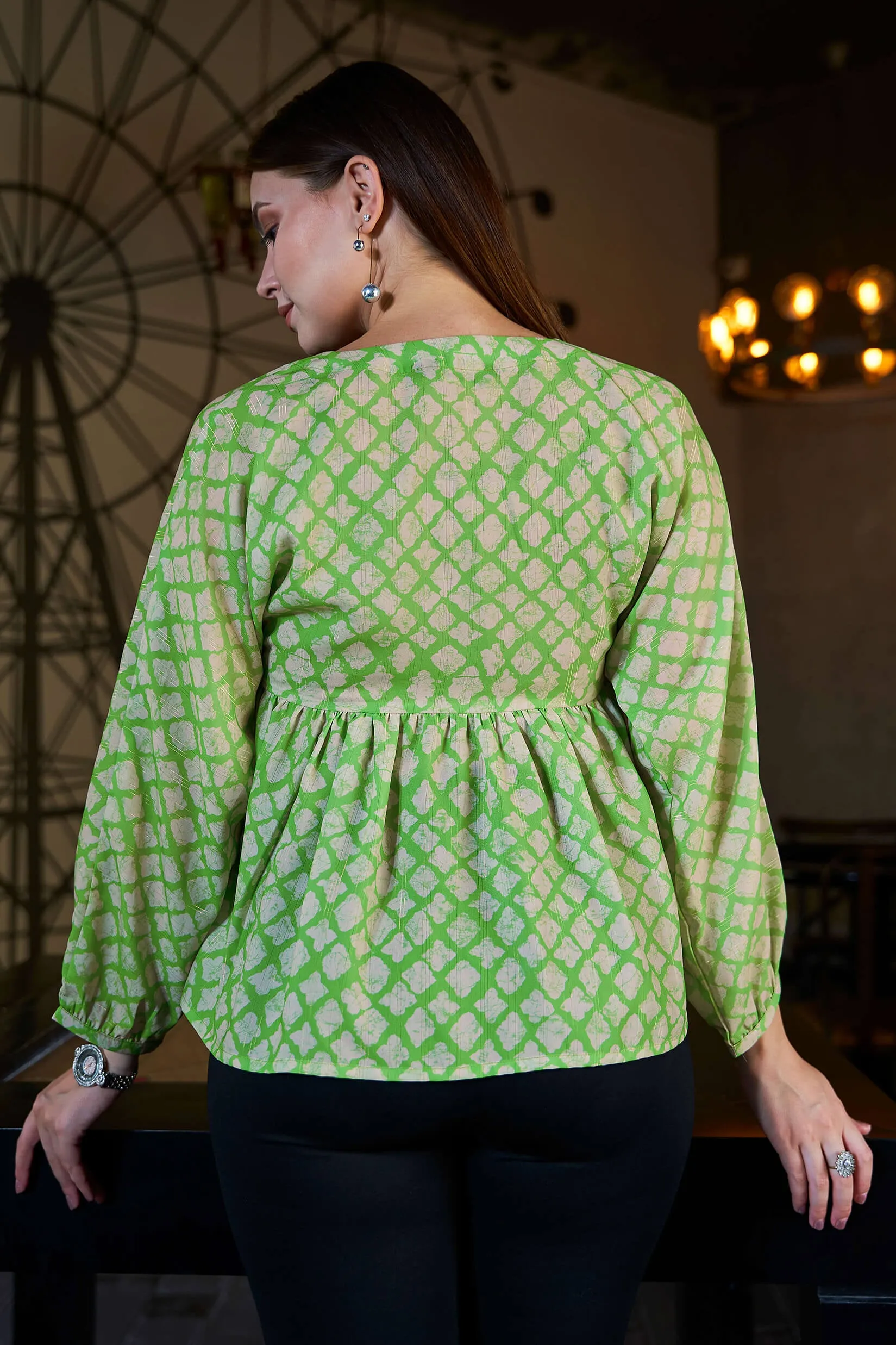 Traditional Lurex V Neck Peasant Sleeve Top