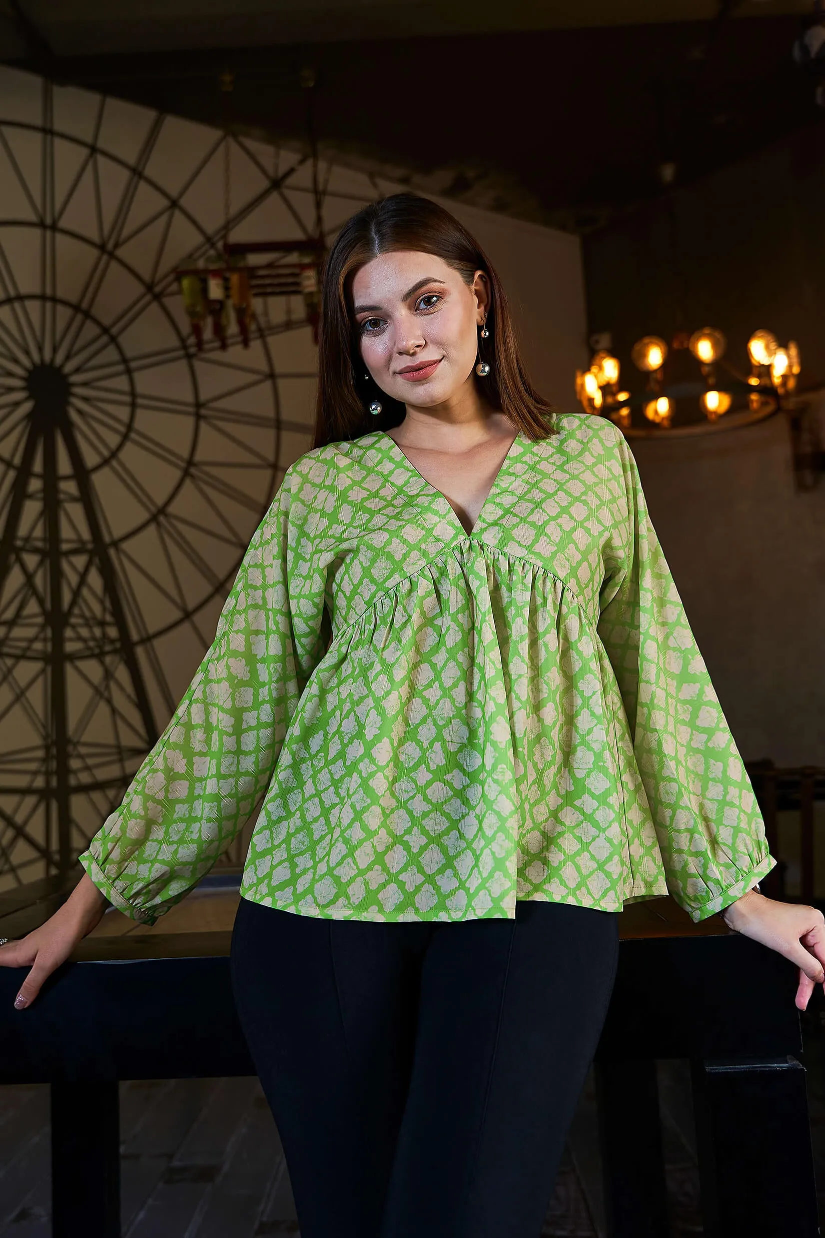 Traditional Lurex V Neck Peasant Sleeve Top