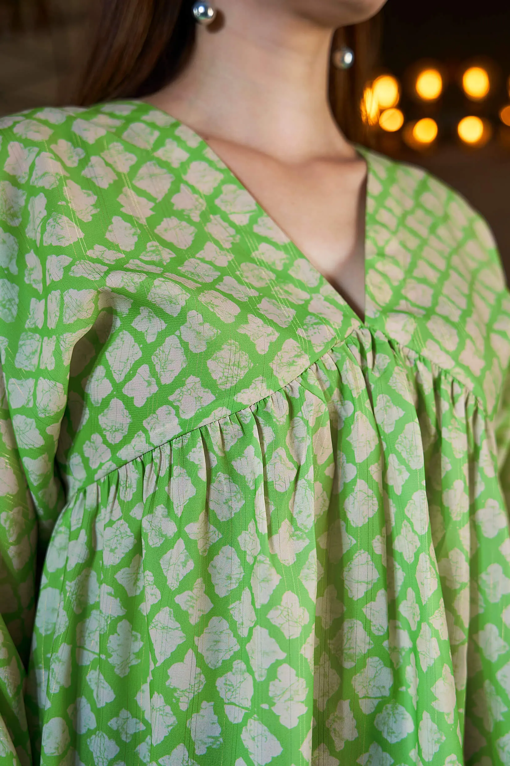 Traditional Lurex V Neck Peasant Sleeve Top