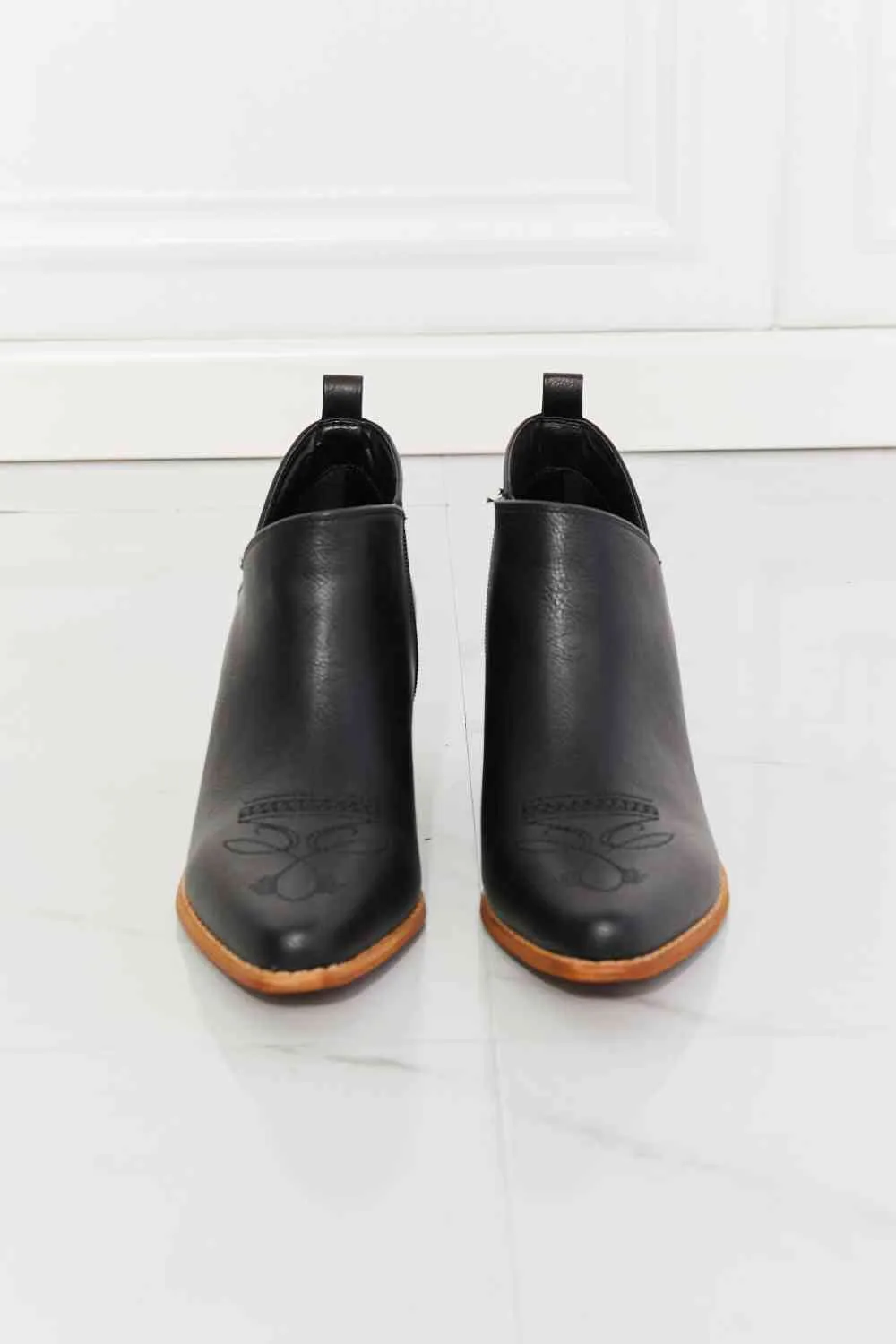 Trust Yourself Embroidered Crossover Cowboy Bootie-Black