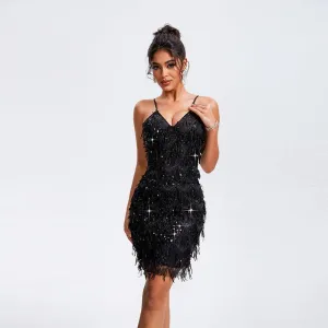 V-Neck Sequins Tassel Sleeveless Party Dress - High Waist Dress Sling Style