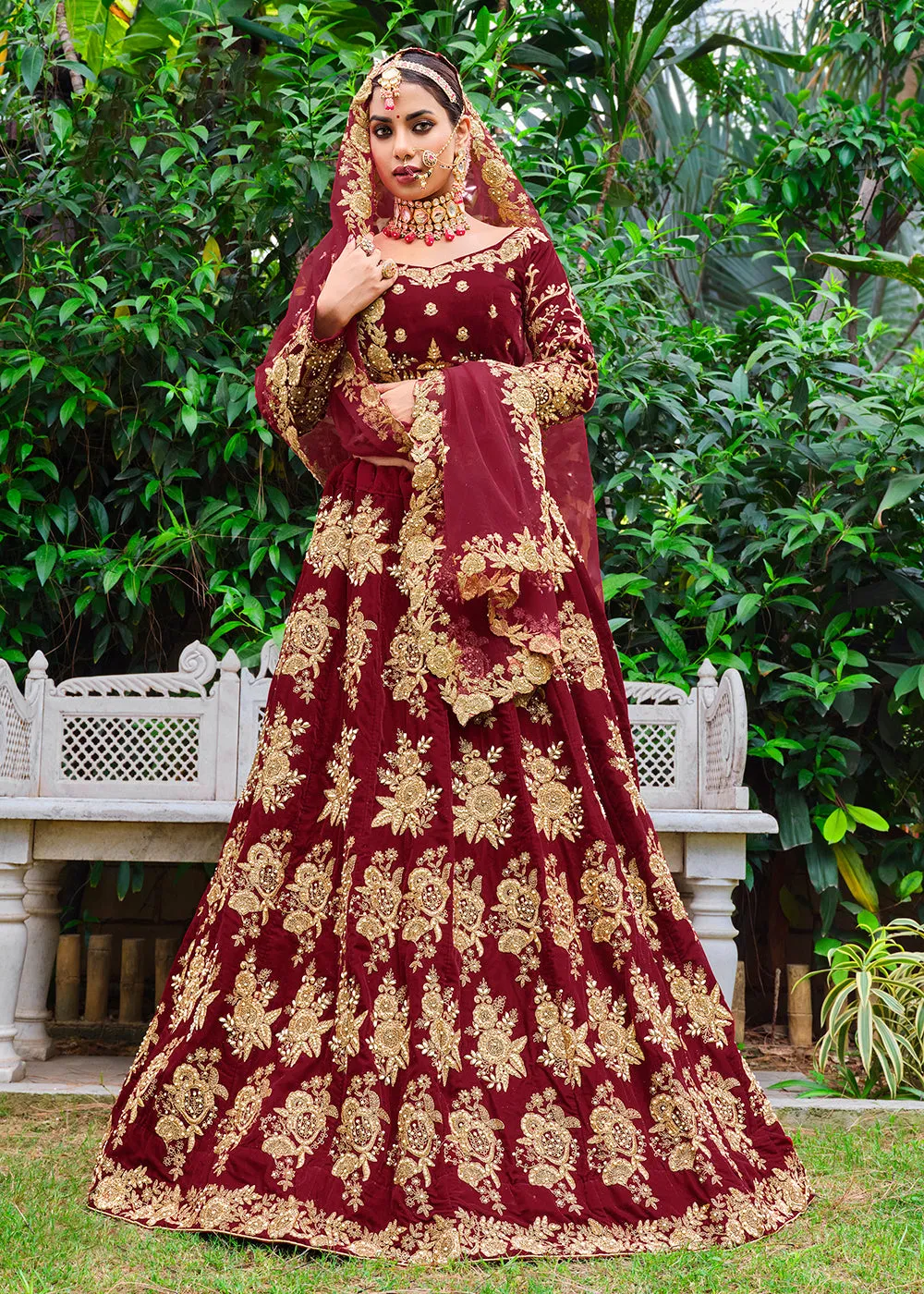 Velvet Excellent Maroon Stone Cording Bridal Style Lehenga Choli