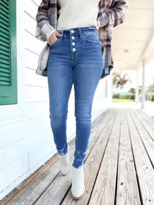 Vervet Blue Aura Button Down High Rise Distressed Hem Skinny