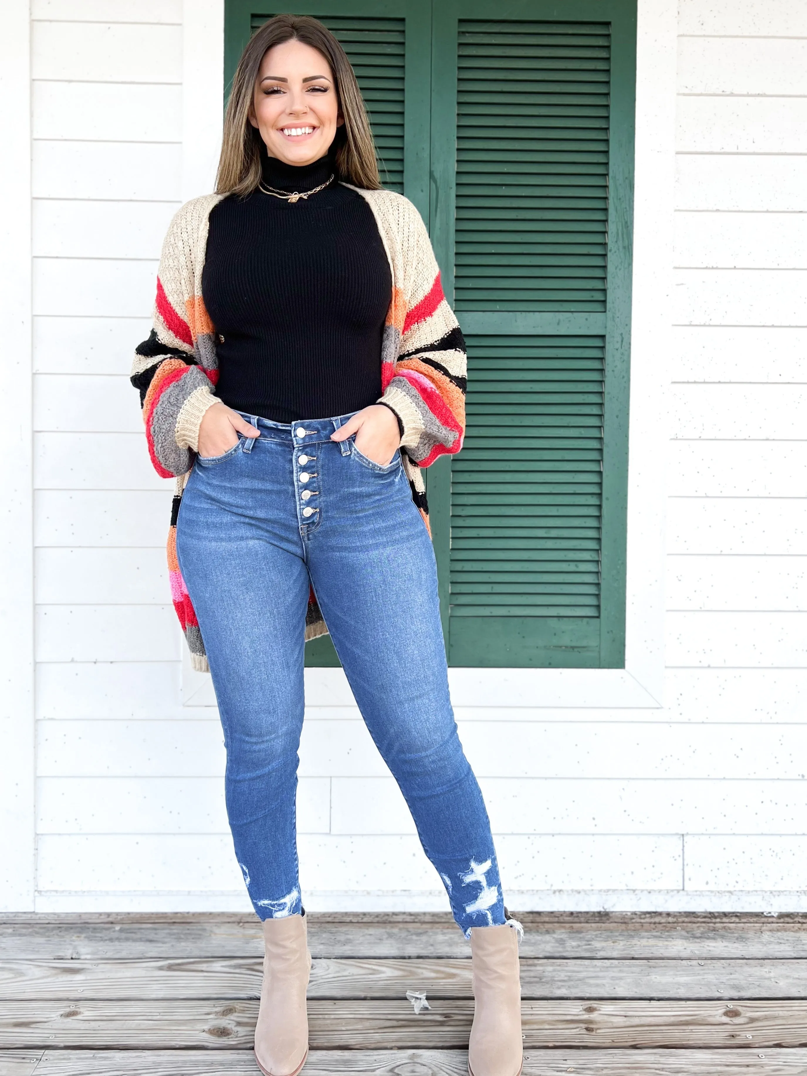 Vervet Blue Aura Button Down High Rise Distressed Hem Skinny