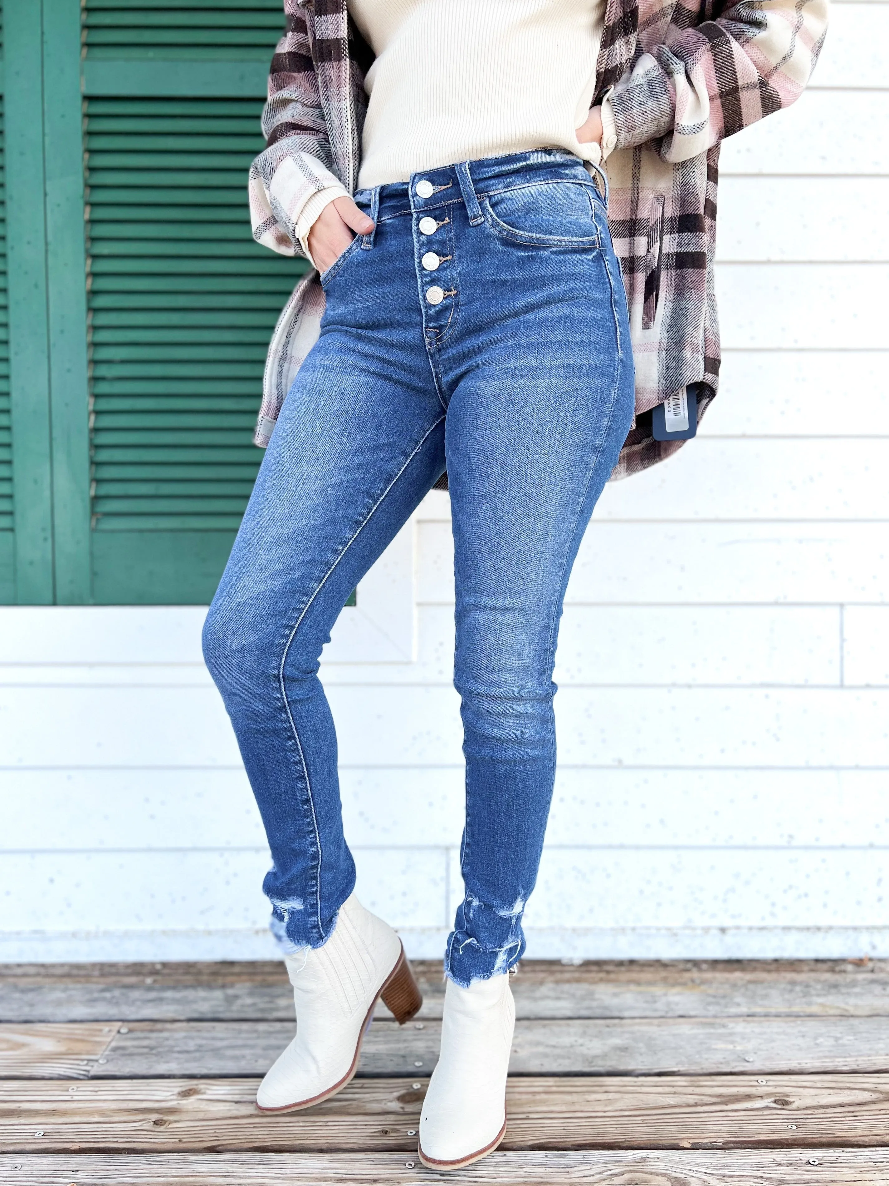 Vervet Blue Aura Button Down High Rise Distressed Hem Skinny