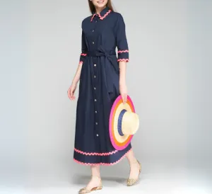 Vilagallo - 3/4 Sleeve Shirt Dress with Ric Rac Trim in Navy and Pink