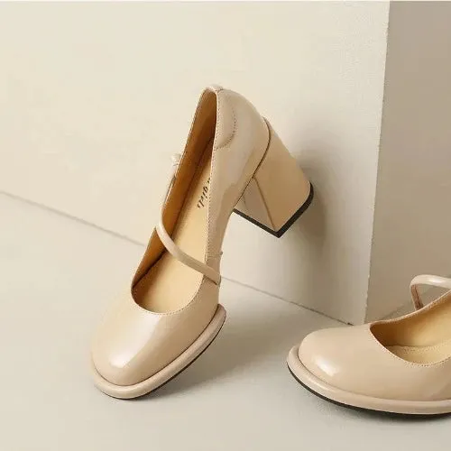 Vintage Square Toe Block Heel Mary Janes - Apricot