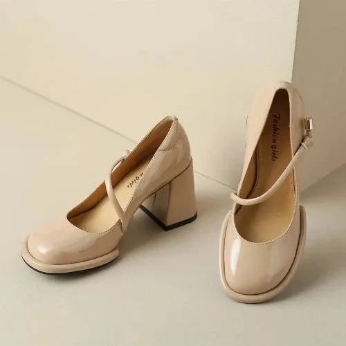 Vintage Square Toe Block Heel Mary Janes - Apricot
