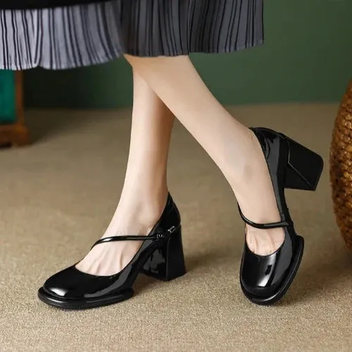 Vintage Square Toe Block Heel Mary Janes - Black