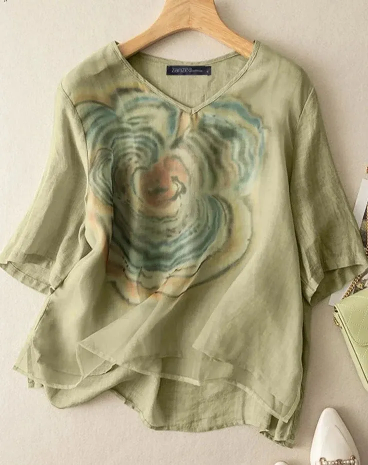 Vintage Women's Summer Bohemian Floral Blouse V-Neck 3/4 Sleeve