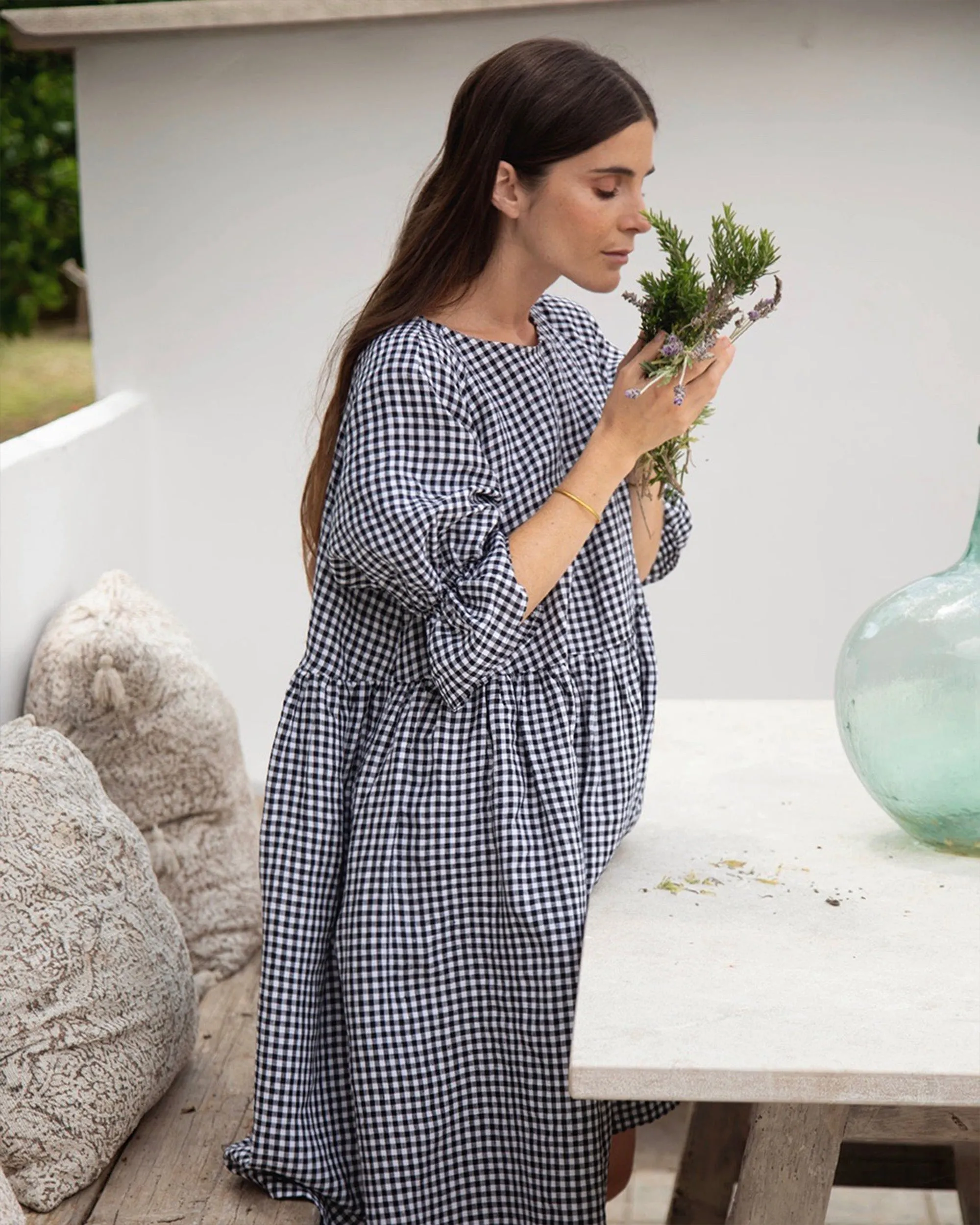 Voluminous linen dress NERJA in Black gingham