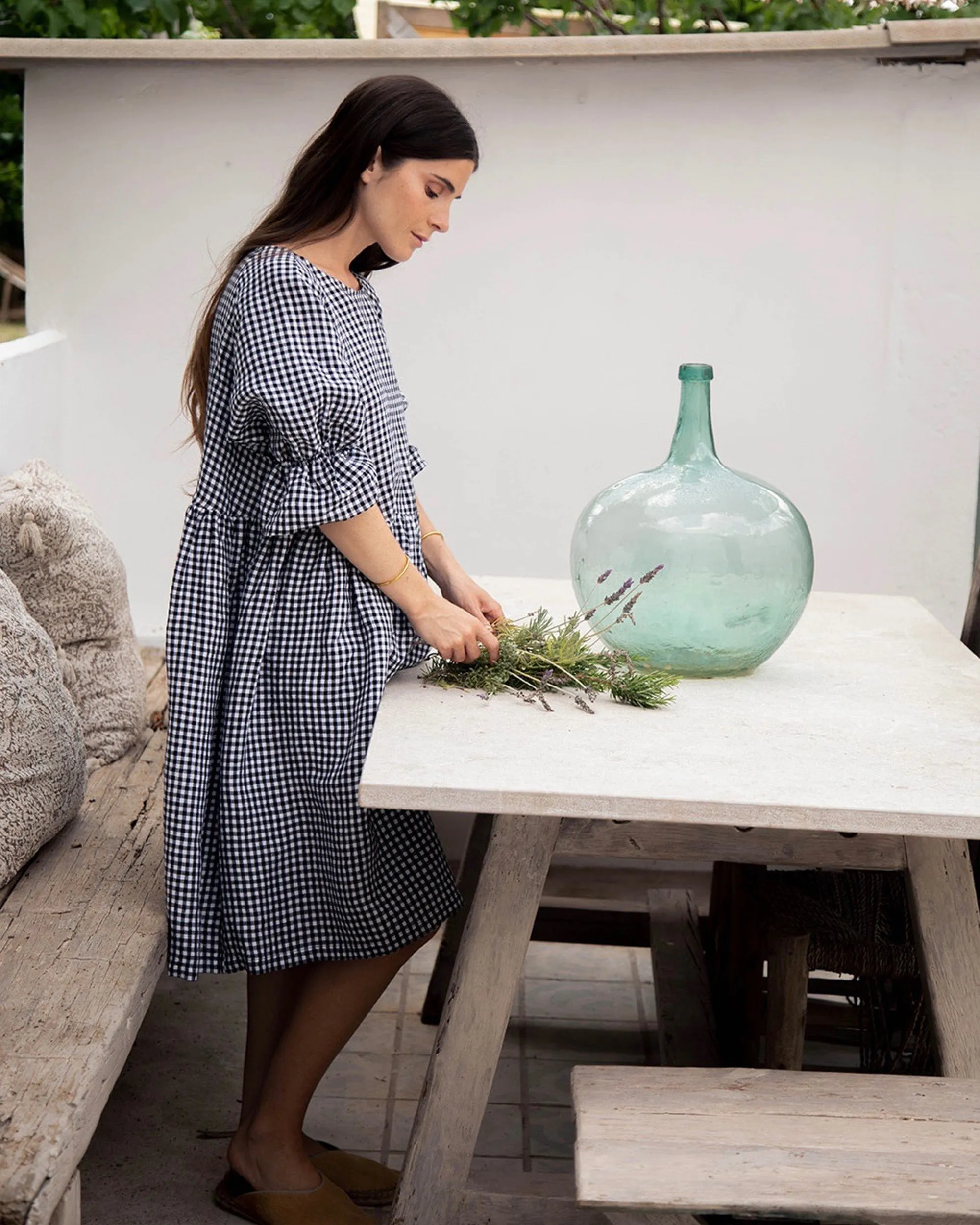 Voluminous linen dress NERJA in Black gingham