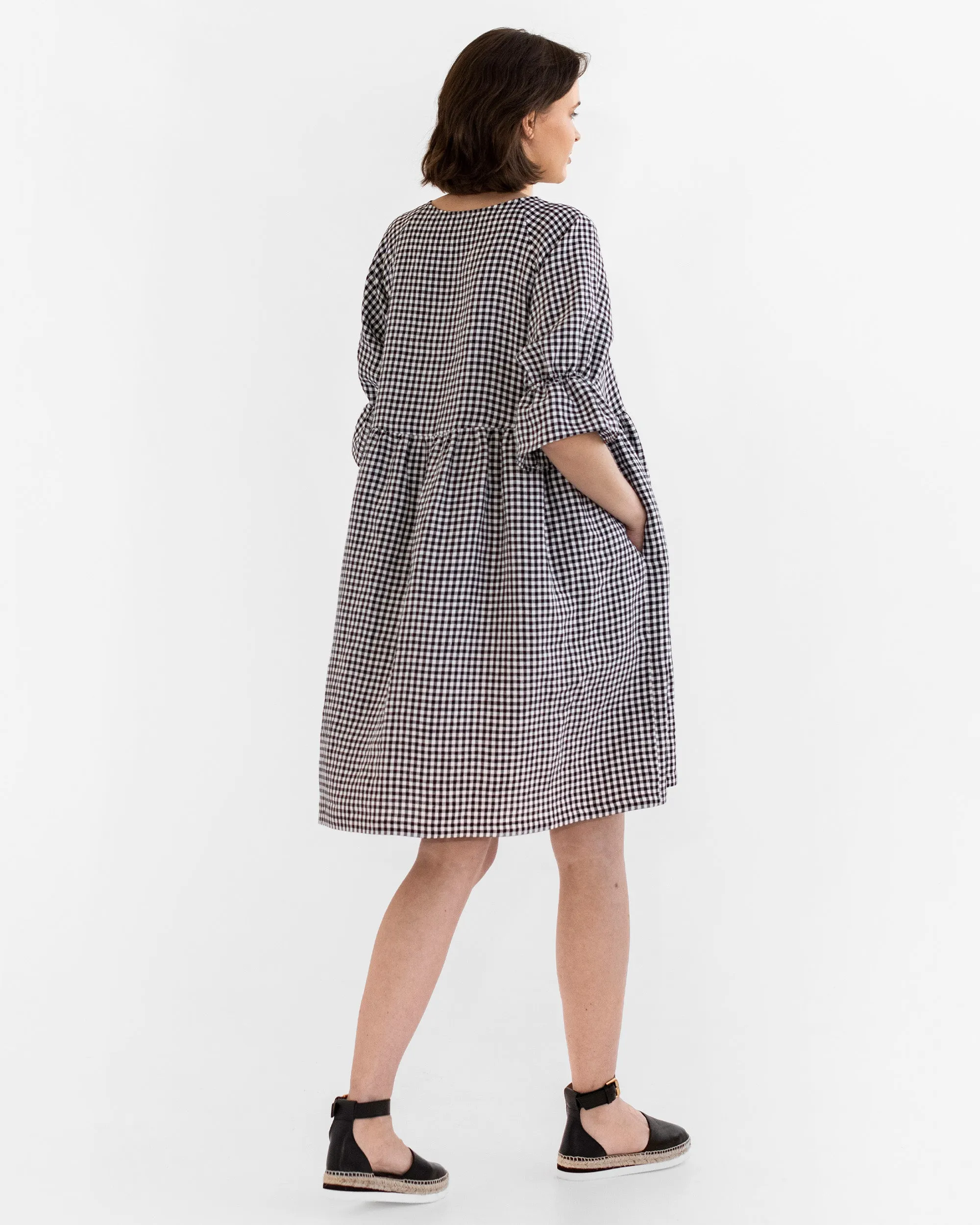 Voluminous linen dress NERJA in Black gingham