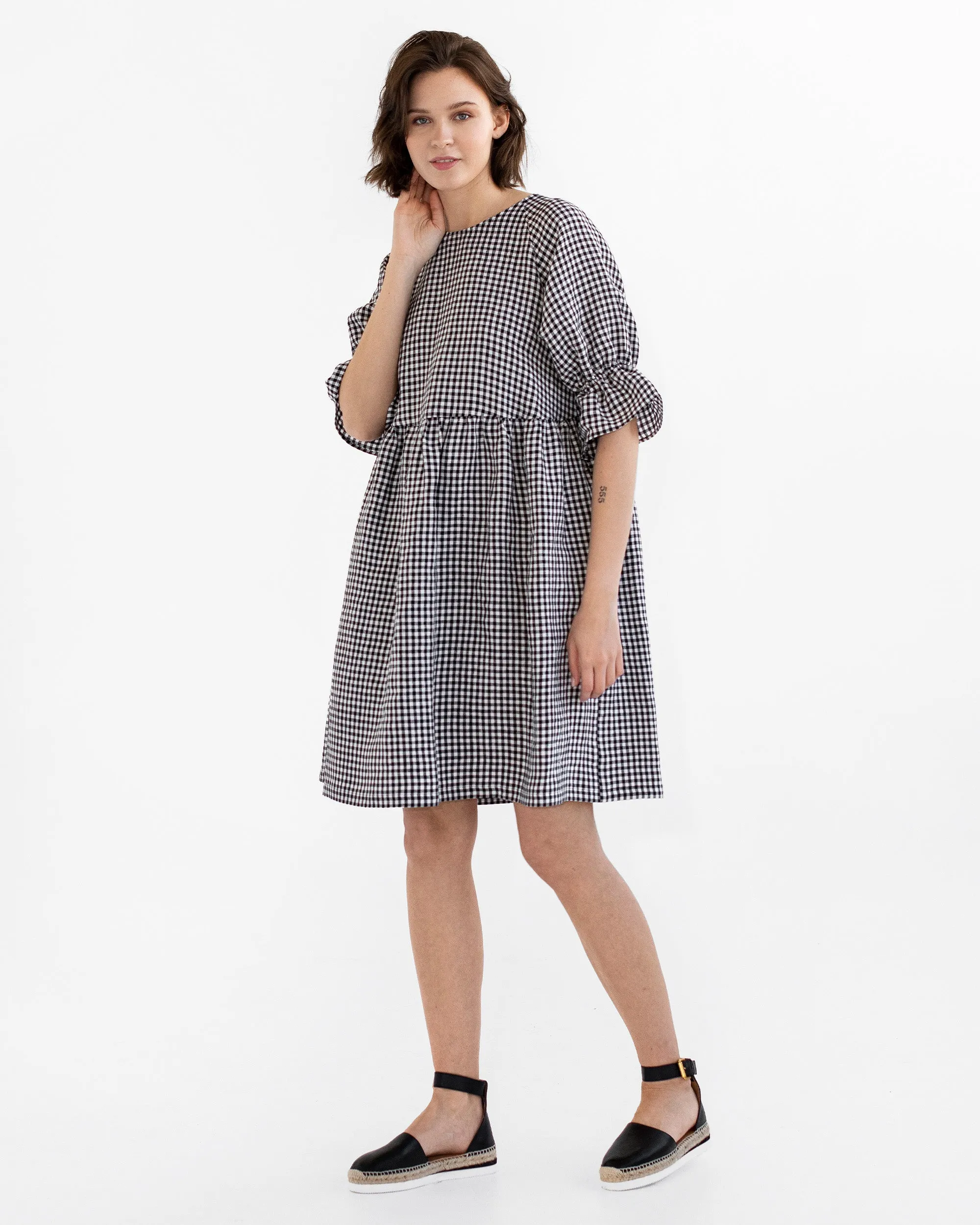 Voluminous linen dress NERJA in Black gingham