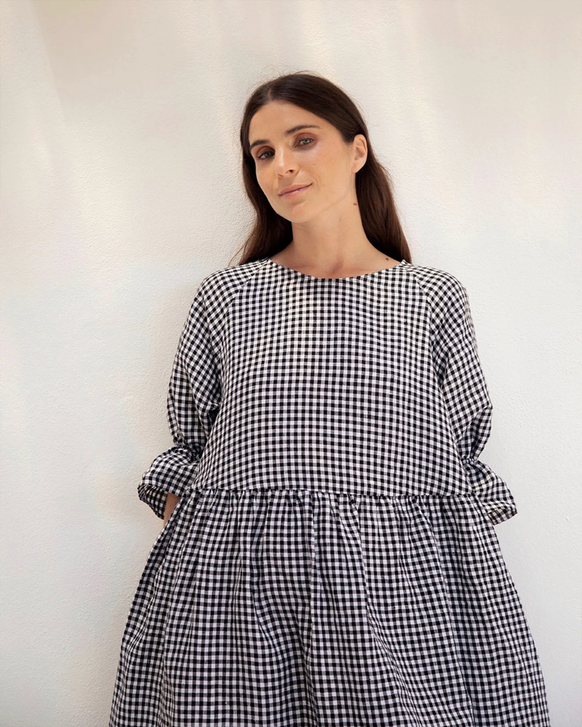 Voluminous linen dress NERJA in Black gingham