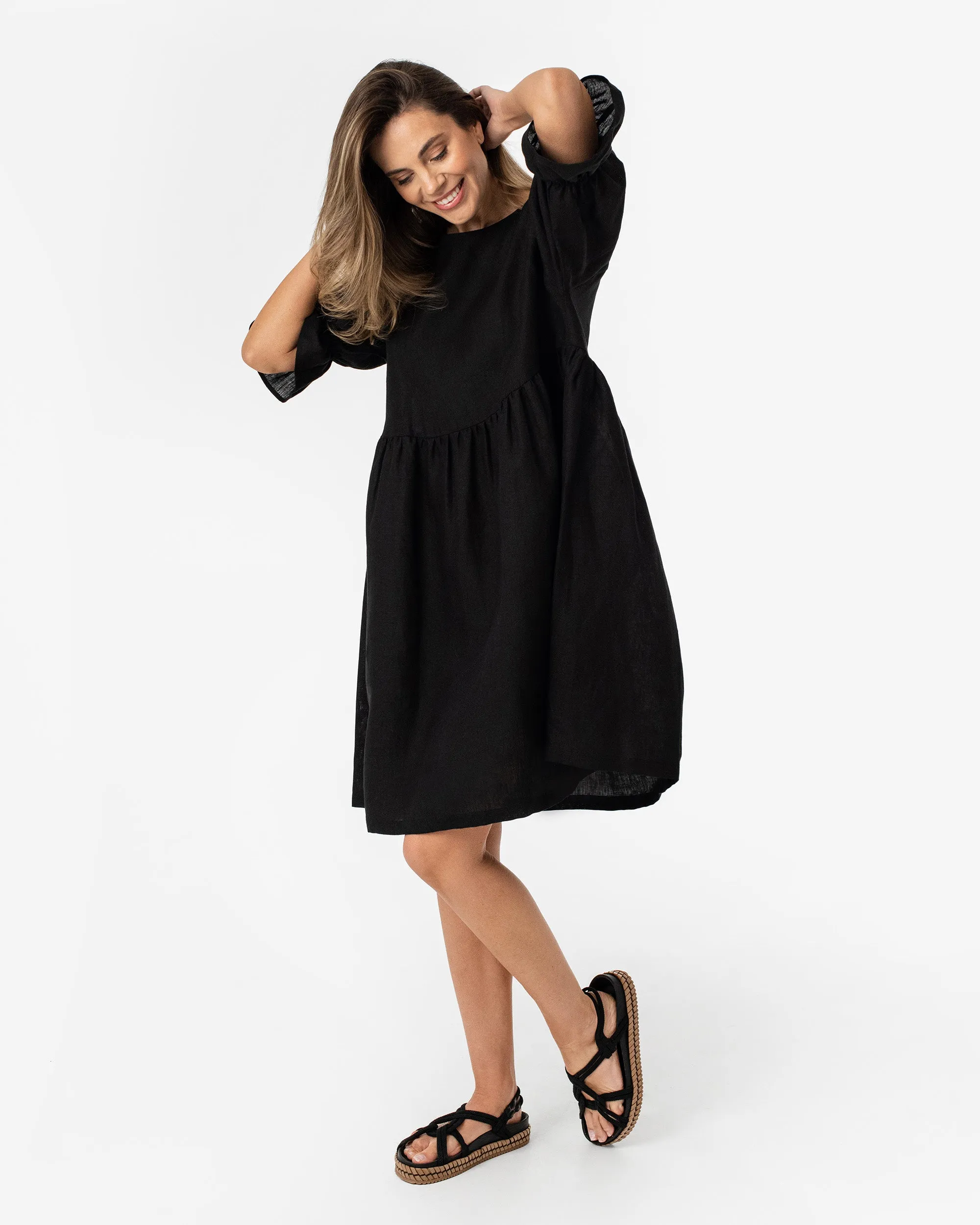 Voluminous linen dress NERJA in Black