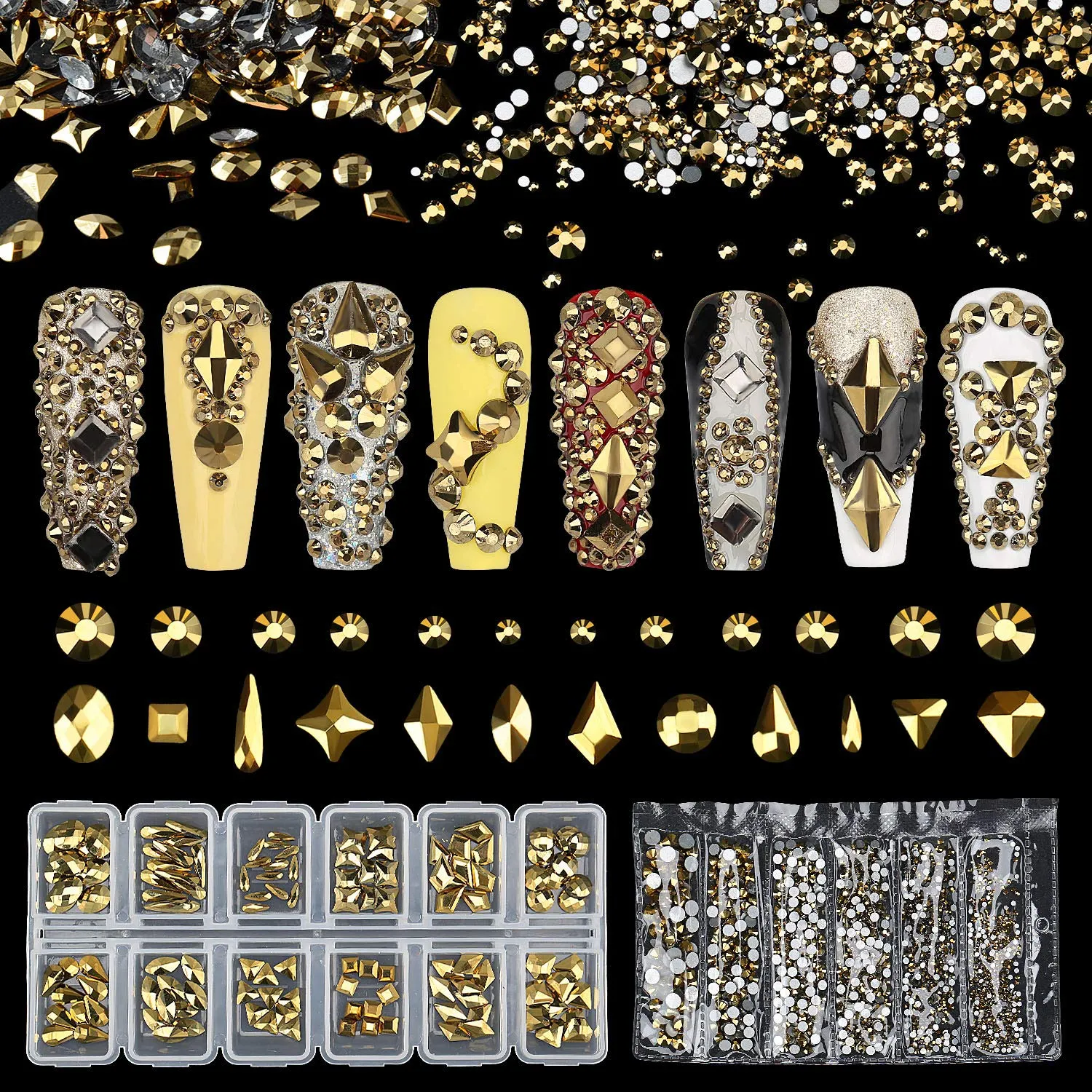 Warmfits AB Crystal Rhinestones Set, 1840pcs Rhinestones Nail Art Set Nail Gems Iridescent Clear Class Multi-Shape Flat Back Shiny Nail Jewels for Nail Art DIY Crafts Phones Clothes Shoes Jewelry Bag