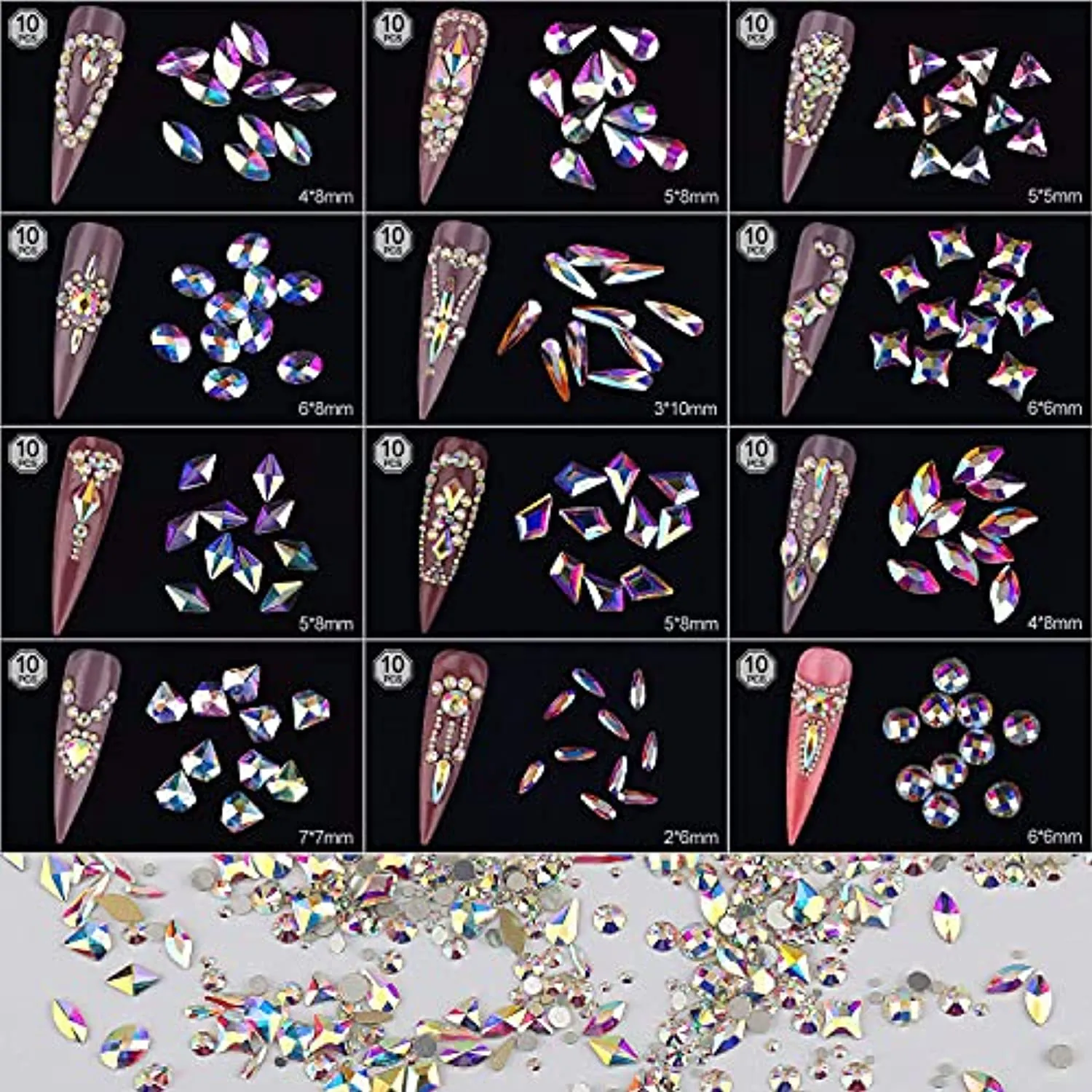 Warmfits AB Crystal Rhinestones Set, 1840pcs Rhinestones Nail Art Set Nail Gems Iridescent Clear Class Multi-Shape Flat Back Shiny Nail Jewels for Nail Art DIY Crafts Phones Clothes Shoes Jewelry Bag