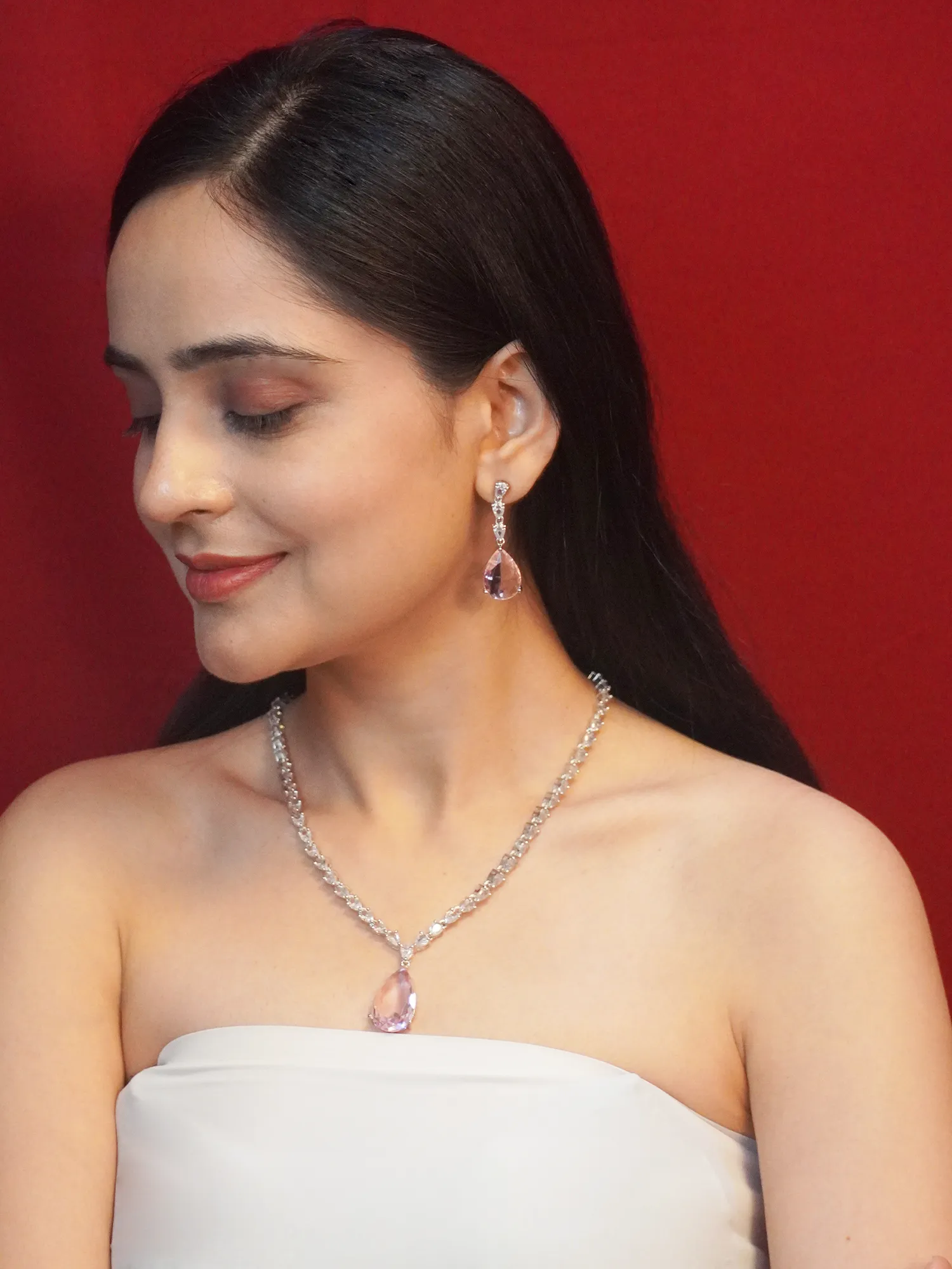 Water Drop Pink and White American Diamond Necklace and Earrings Set