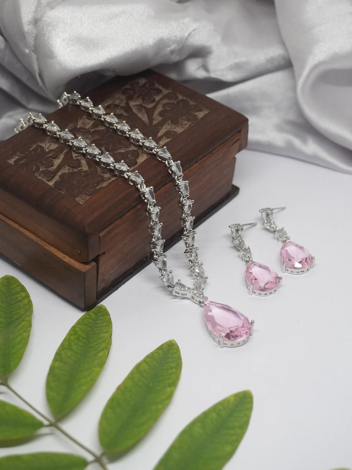 Water Drop Pink and White American Diamond Necklace and Earrings Set