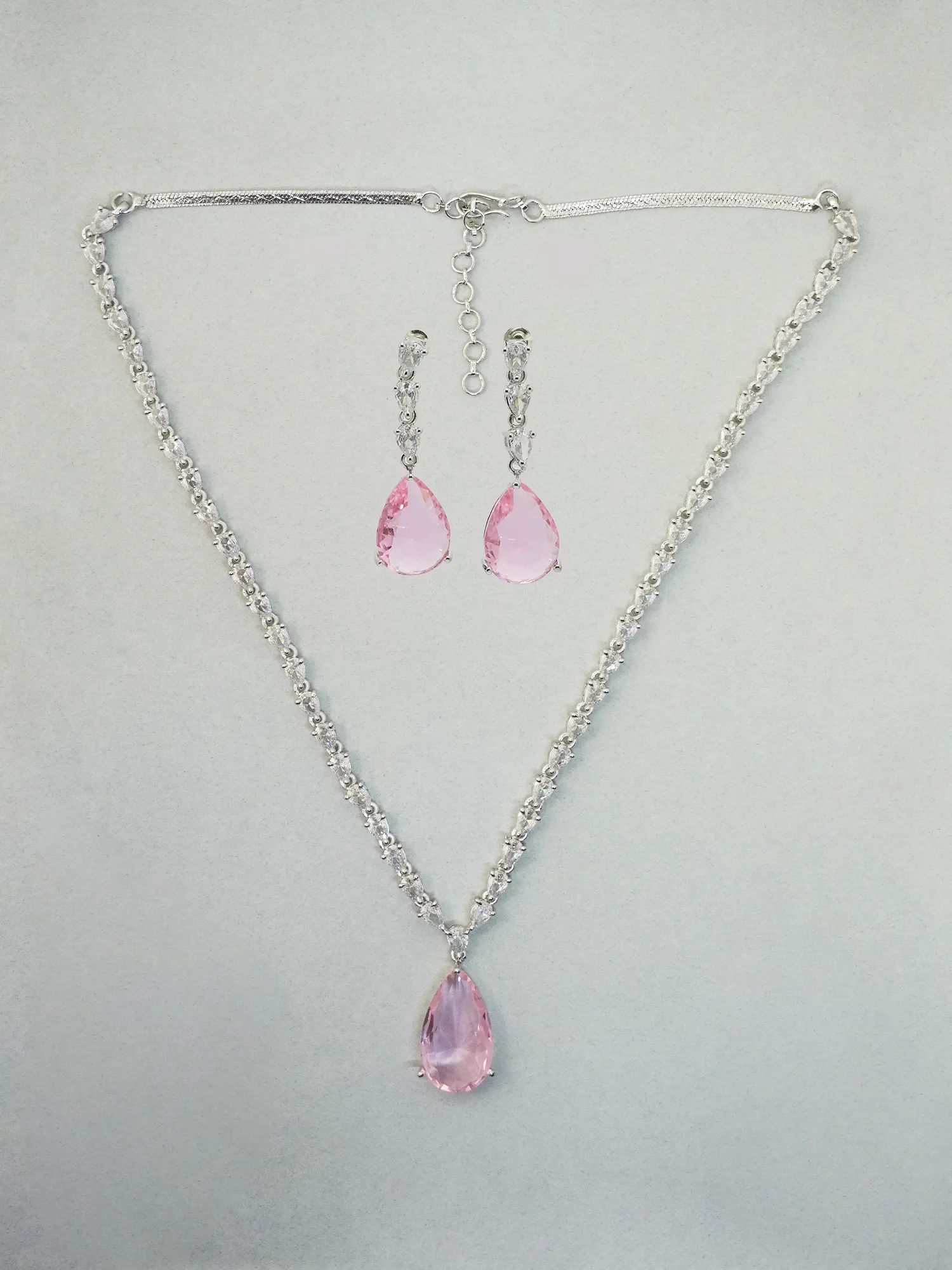 Water Drop Pink and White American Diamond Necklace and Earrings Set