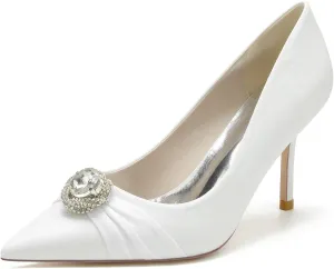 Wedding Bridal Heels Women Pointed Toe High Heel Pumps Satin Ankle Strap Evening Party Dress Stiletto Heel Shoes 8.5Cm