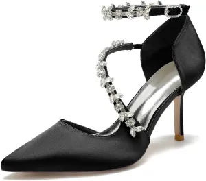 Wedding Shoes Bride Pointed Toe Rhinestones Strappy Bridal Heels Women's Satin Stiletto Heel Evening Formal Dress Shoes 8.5Cm