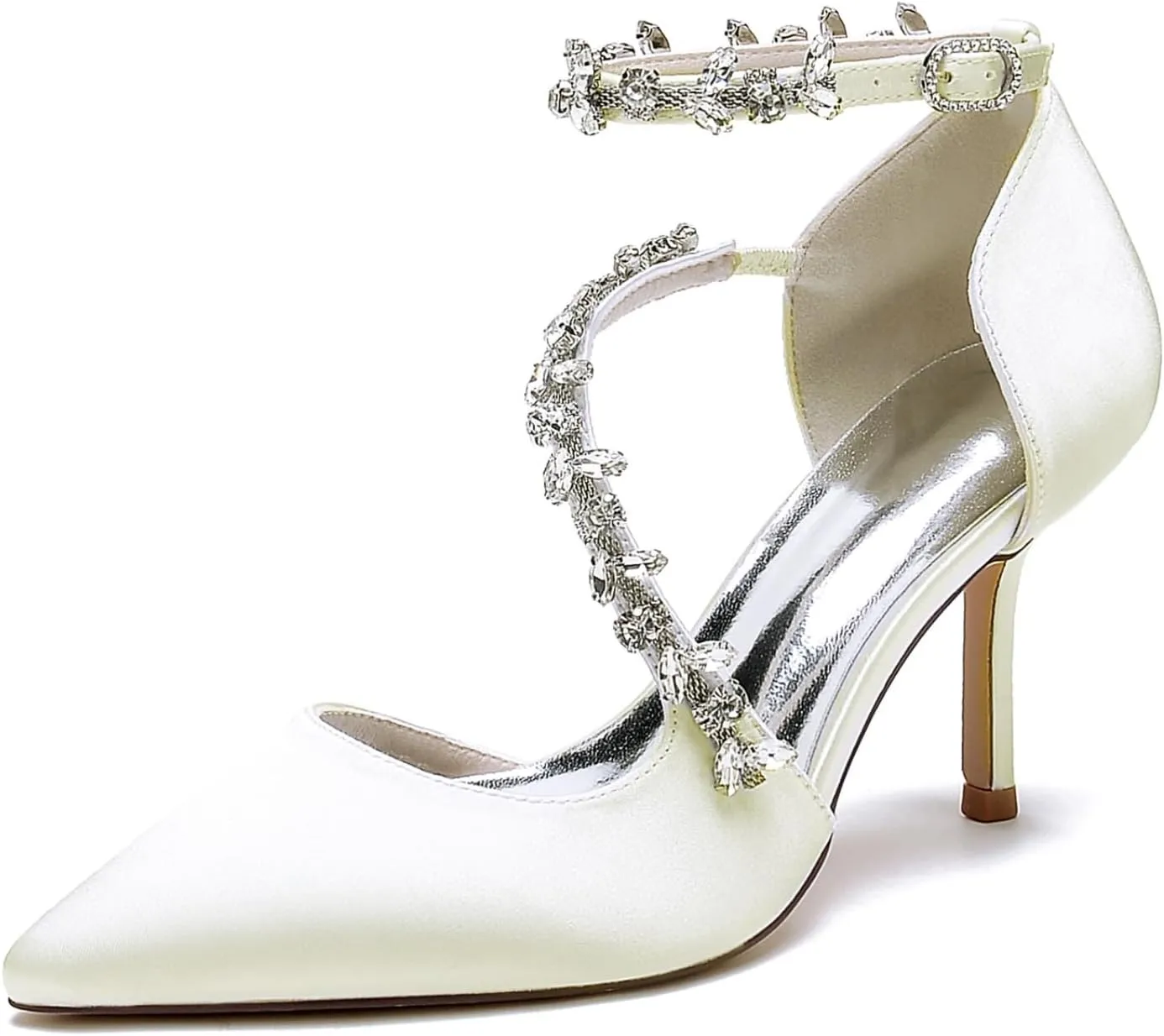 Wedding Shoes Bride Pointed Toe Rhinestones Strappy Bridal Heels Women's Satin Stiletto Heel Evening Formal Dress Shoes 8.5Cm