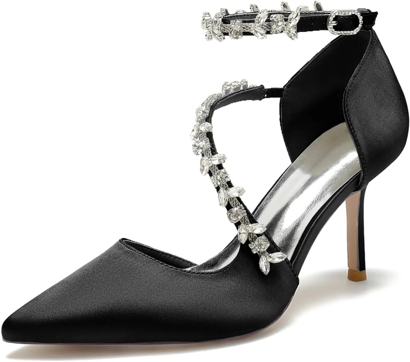Wedding Shoes Bride Pointed Toe Rhinestones Strappy Bridal Heels Women's Satin Stiletto Heel Evening Formal Dress Shoes 8.5Cm