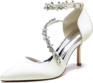 Wedding Shoes Bride Pointed Toe Rhinestones Strappy Bridal Heels Women's Satin Stiletto Heel Evening Formal Dress Shoes 8.5Cm