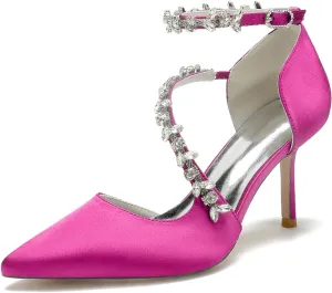 Wedding Shoes Bride Pointed Toe Rhinestones Strappy Bridal Heels Women's Satin Stiletto Heel Evening Formal Dress Shoes 8.5Cm
