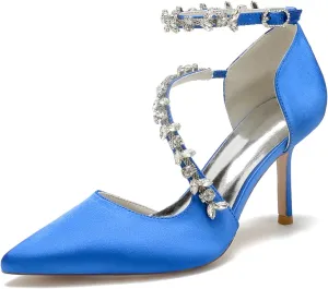 Wedding Shoes Bride Pointed Toe Rhinestones Strappy Bridal Heels Women's Satin Stiletto Heel Evening Formal Dress Shoes 8.5Cm
