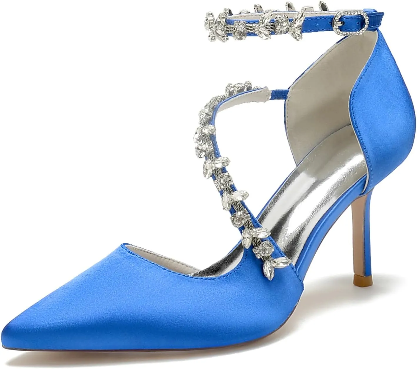 Wedding Shoes Bride Pointed Toe Rhinestones Strappy Bridal Heels Women's Satin Stiletto Heel Evening Formal Dress Shoes 8.5Cm