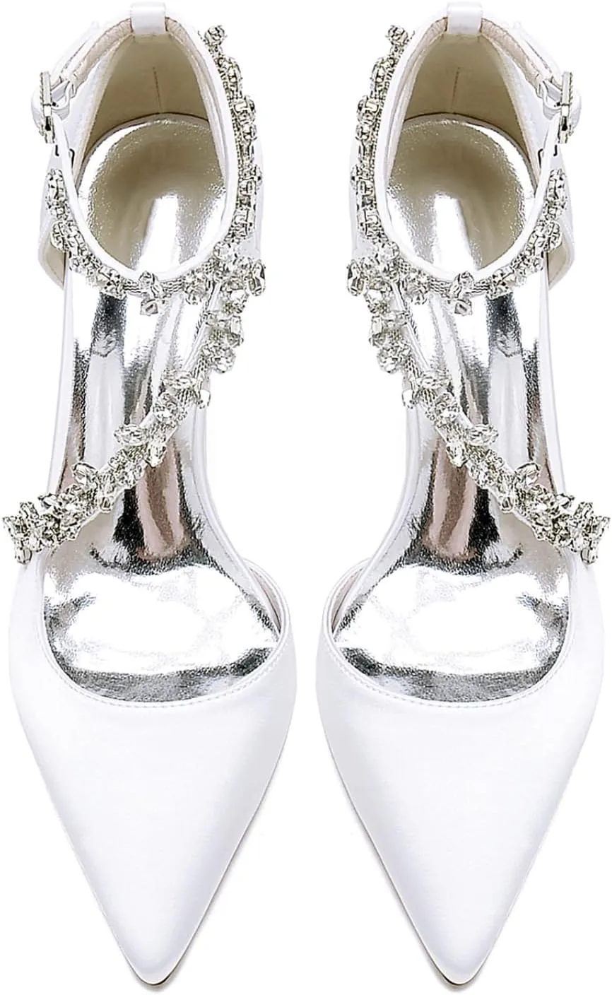Wedding Shoes Bride Pointed Toe Rhinestones Strappy Bridal Heels Women's Satin Stiletto Heel Evening Formal Dress Shoes 8.5Cm