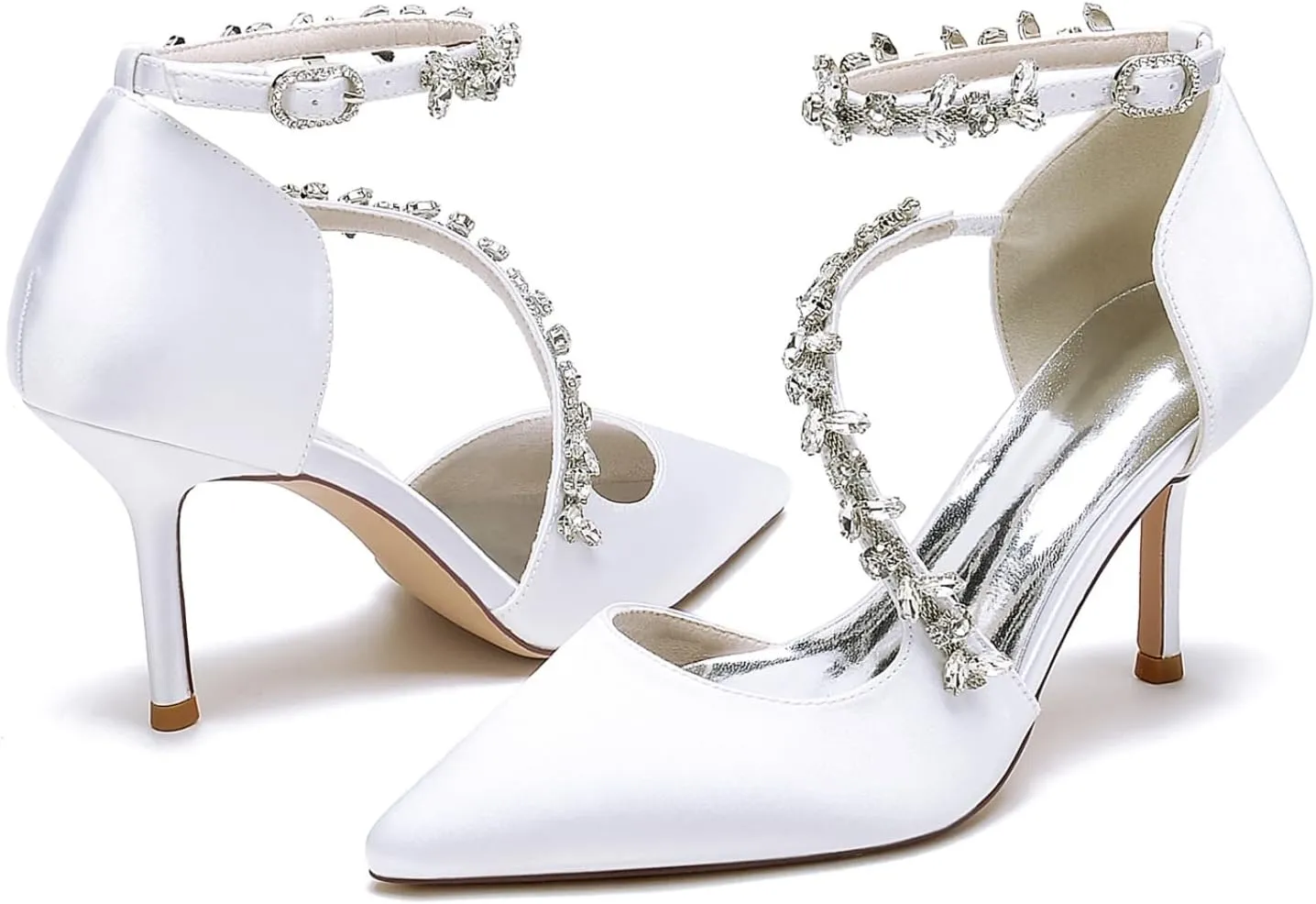 Wedding Shoes Bride Pointed Toe Rhinestones Strappy Bridal Heels Women's Satin Stiletto Heel Evening Formal Dress Shoes 8.5Cm