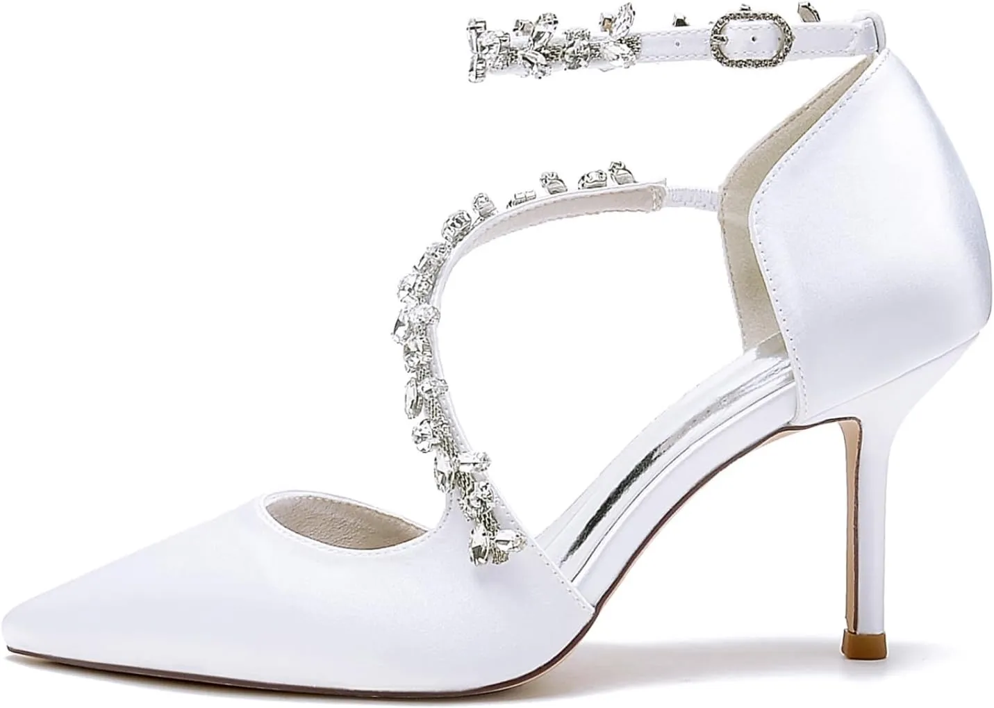 Wedding Shoes Bride Pointed Toe Rhinestones Strappy Bridal Heels Women's Satin Stiletto Heel Evening Formal Dress Shoes 8.5Cm