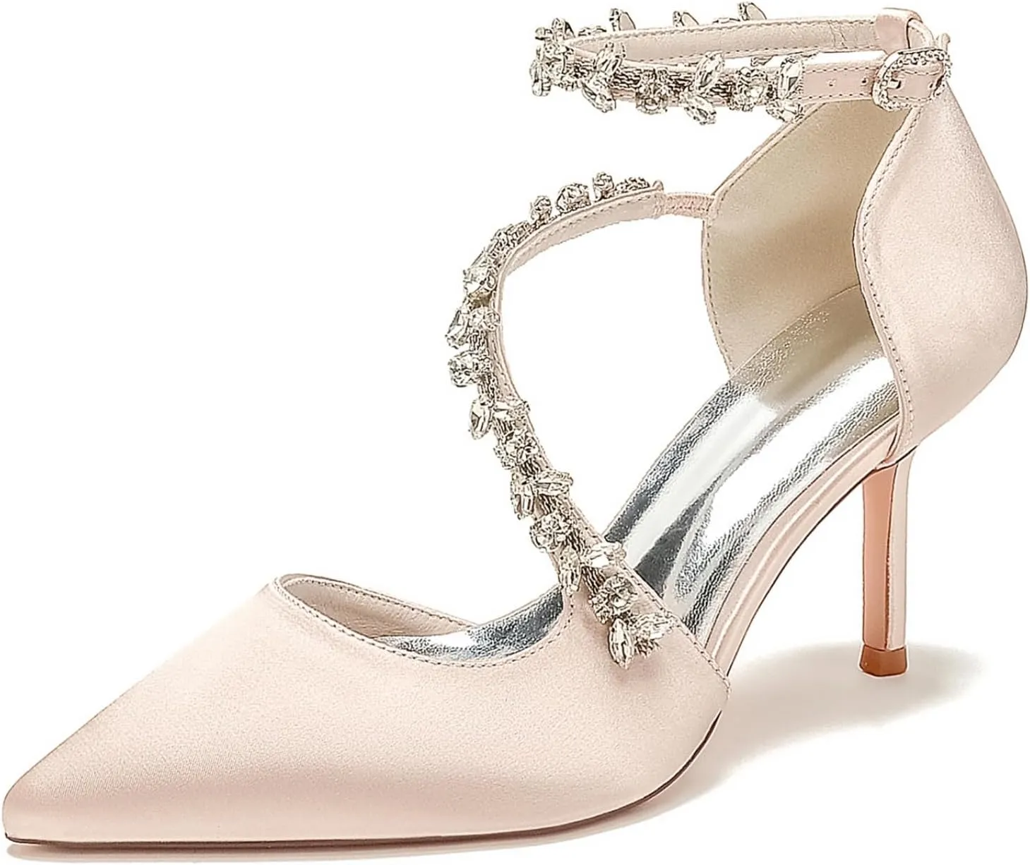 Wedding Shoes Bride Pointed Toe Rhinestones Strappy Bridal Heels Women's Satin Stiletto Heel Evening Formal Dress Shoes 8.5Cm