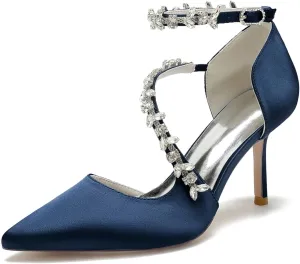 Wedding Shoes Bride Pointed Toe Rhinestones Strappy Bridal Heels Women's Satin Stiletto Heel Evening Formal Dress Shoes 8.5Cm