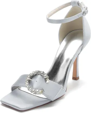Wedding Shoes Women's Bridal Heels Open Square Toe Ankle Strap Dress Stiletto Sandals for Party Wedding 9.5Cm