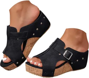 Wedge Sandals for Women 2025 Dressy Open Toe Platform Slides with Buckle Slip on Cute Summer Chunky Sandals Comfortable Mules Fashion Casual Heels Slippers Wedges Beach Shoes