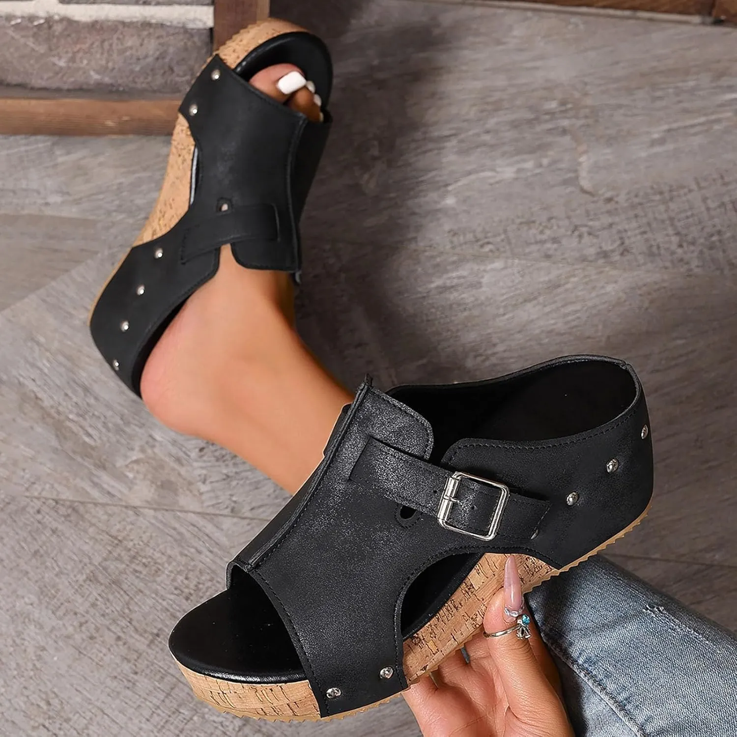 Wedge Sandals for Women 2025 Dressy Open Toe Platform Slides with Buckle Slip on Cute Summer Chunky Sandals Comfortable Mules Fashion Casual Heels Slippers Wedges Beach Shoes