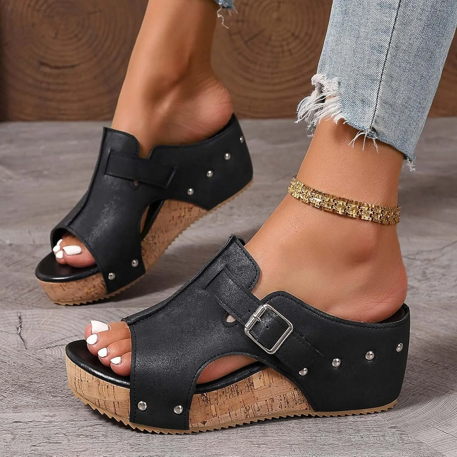 Wedge Sandals for Women 2025 Dressy Open Toe Platform Slides with Buckle Slip on Cute Summer Chunky Sandals Comfortable Mules Fashion Casual Heels Slippers Wedges Beach Shoes