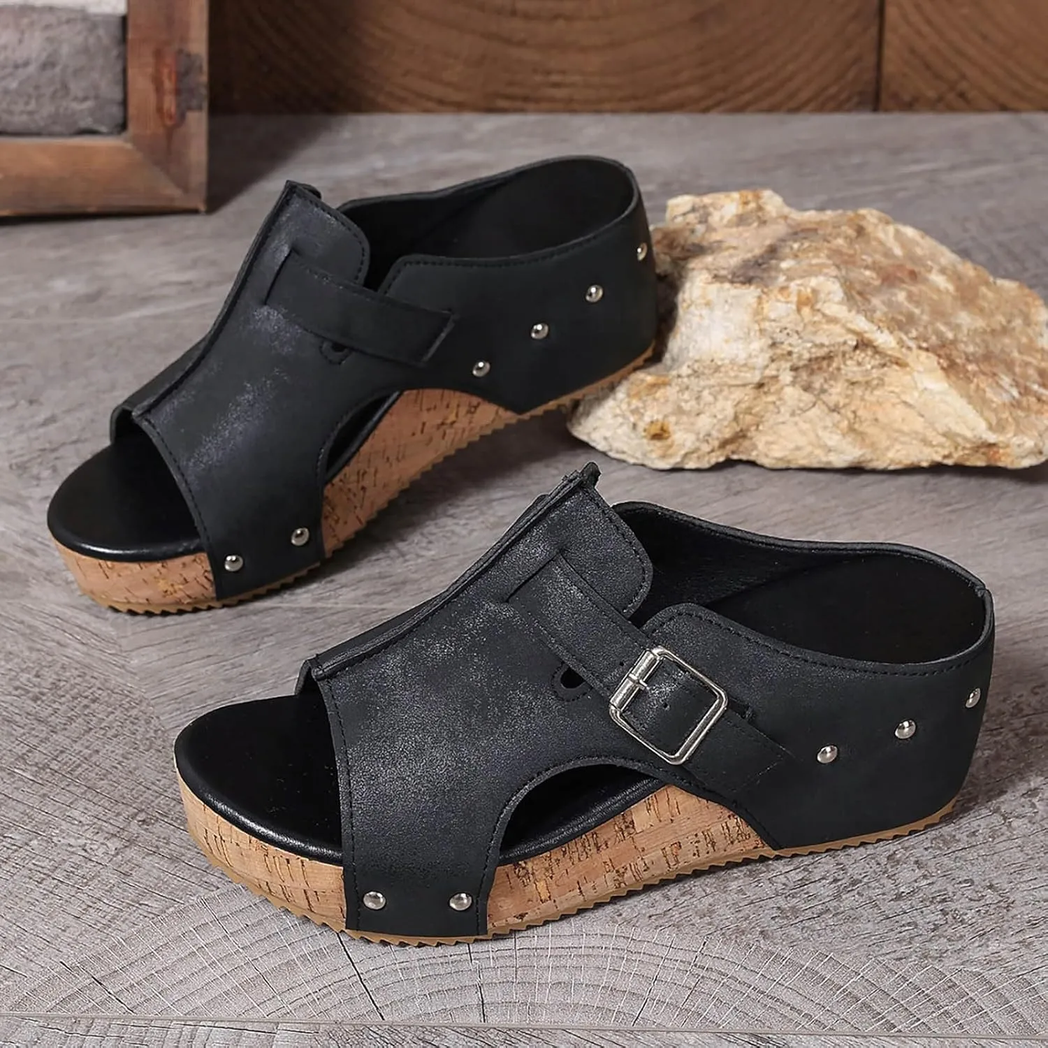 Wedge Sandals for Women 2025 Dressy Open Toe Platform Slides with Buckle Slip on Cute Summer Chunky Sandals Comfortable Mules Fashion Casual Heels Slippers Wedges Beach Shoes