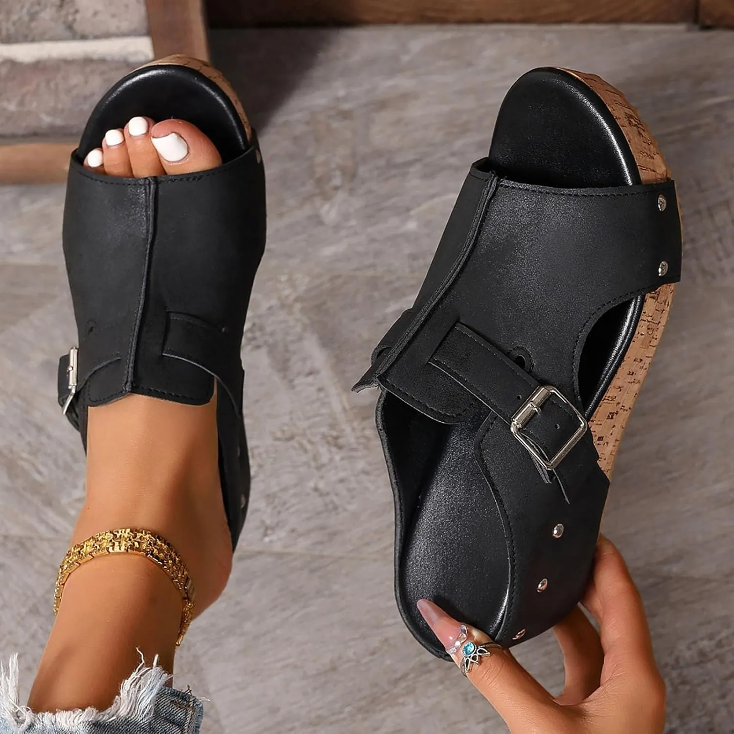 Wedge Sandals for Women 2025 Dressy Open Toe Platform Slides with Buckle Slip on Cute Summer Chunky Sandals Comfortable Mules Fashion Casual Heels Slippers Wedges Beach Shoes