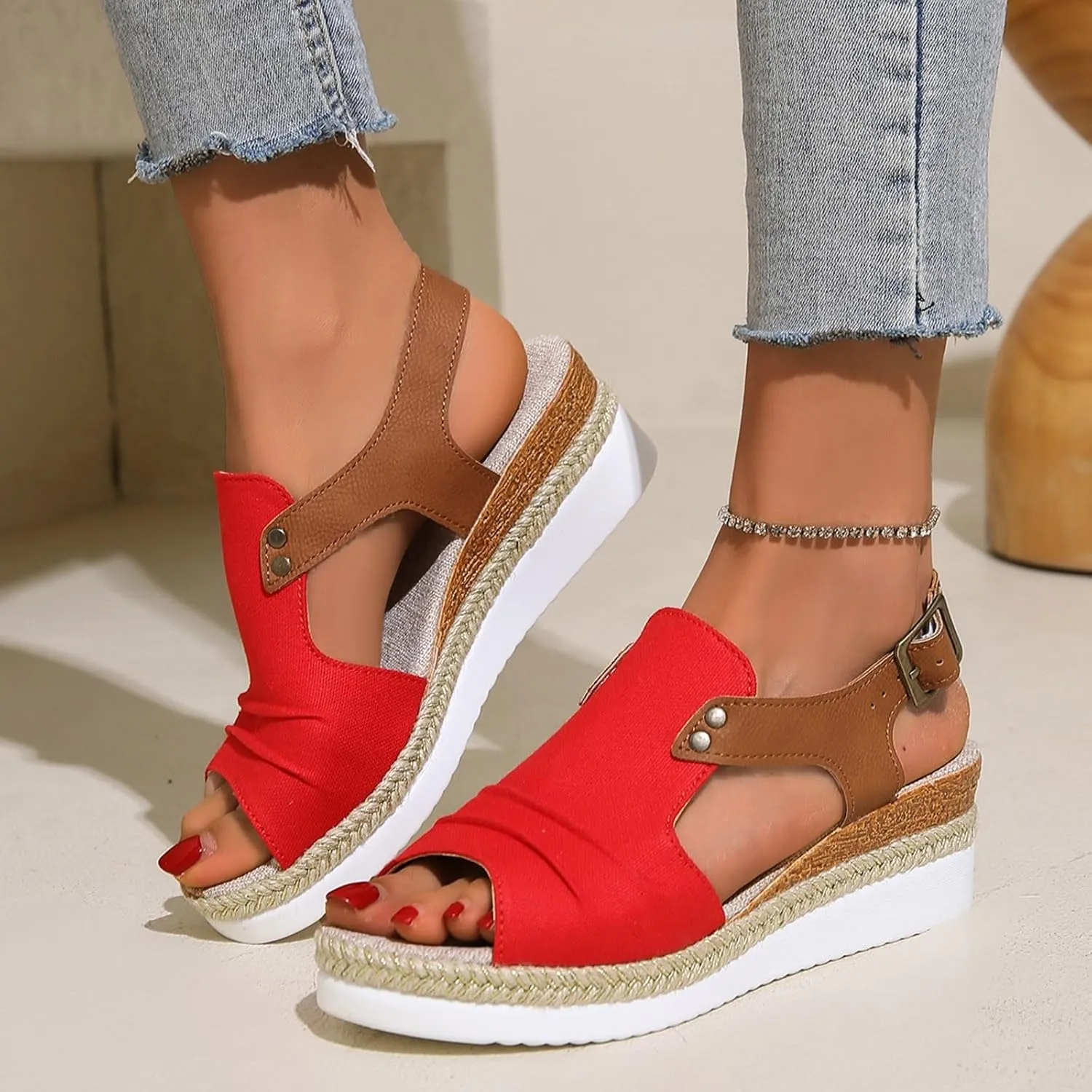 Wedge Sandals for Women Espadrilles Orthopedic Sandals Platform Wedges Comfortable Summer Casual Heels Sandals Dressy Open Toe Ankle Strap Low Wedge Outdoor Beach Shoes