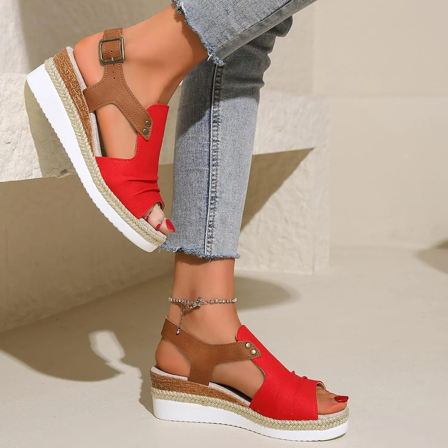 Wedge Sandals for Women Espadrilles Orthopedic Sandals Platform Wedges Comfortable Summer Casual Heels Sandals Dressy Open Toe Ankle Strap Low Wedge Outdoor Beach Shoes