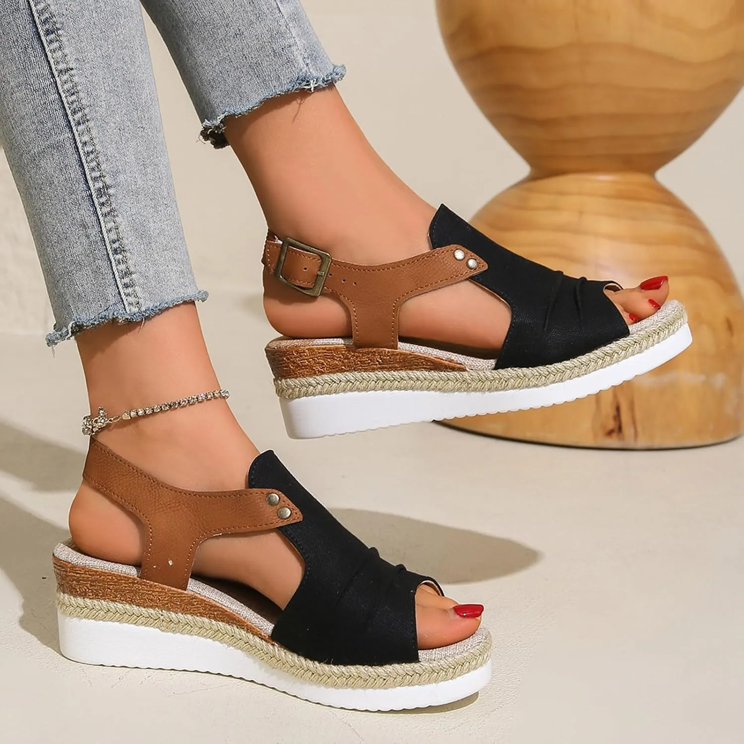 Wedge Sandals for Women Espadrilles Orthopedic Sandals Platform Wedges Comfortable Summer Casual Heels Sandals Dressy Open Toe Ankle Strap Low Wedge Outdoor Beach Shoes